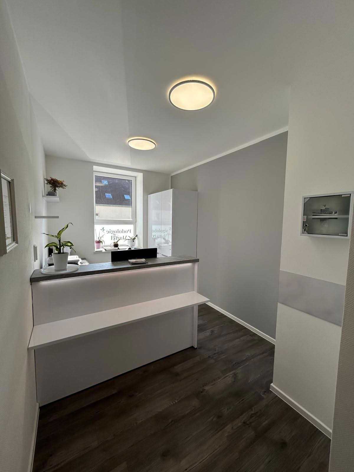 Modern office reception area with white desk, dark wood flooring, ceiling lights, and window overlooking a street