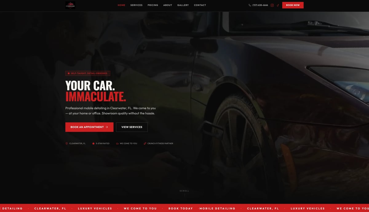Website header featuring a dark luxury car with text Your Car. Immaculate. and call-to-action buttons