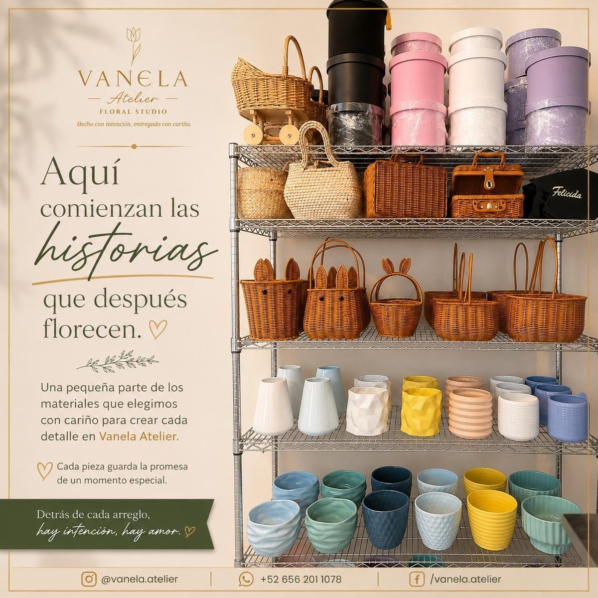 Vanela Atelier floral studio product display shelf with woven baskets, spools of thread, candles, and ceramic containers arranged on multiple tiers