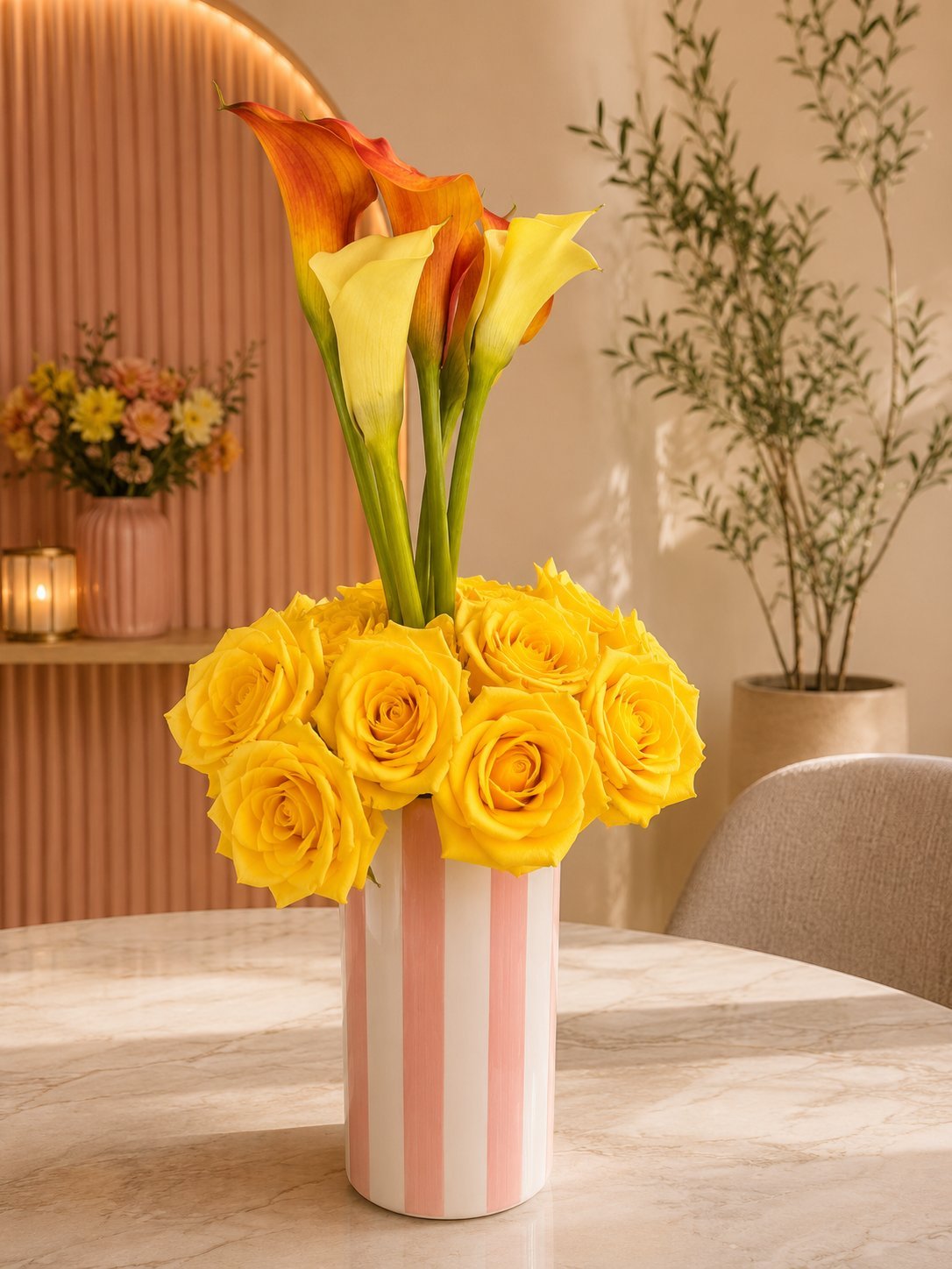 Floral arrangement with yellow roses and red and yellow calla lilies in a pink and white striped vase on a wooden table