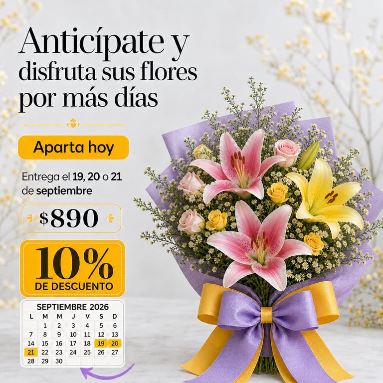 Bouquet Flores Amarillas con lirios rosados y girasoles, envuelto en papel lila