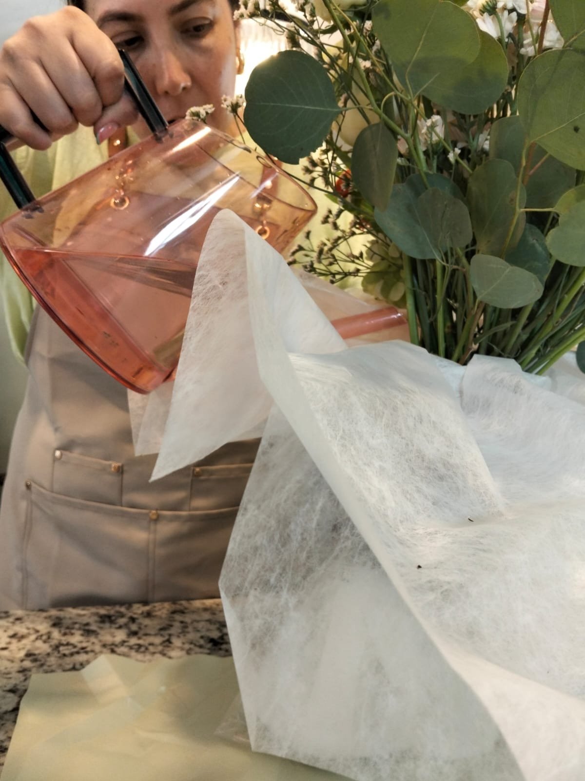 Person watering a potted plant with a pink watering can, with a transparent plastic bag around the plant pot