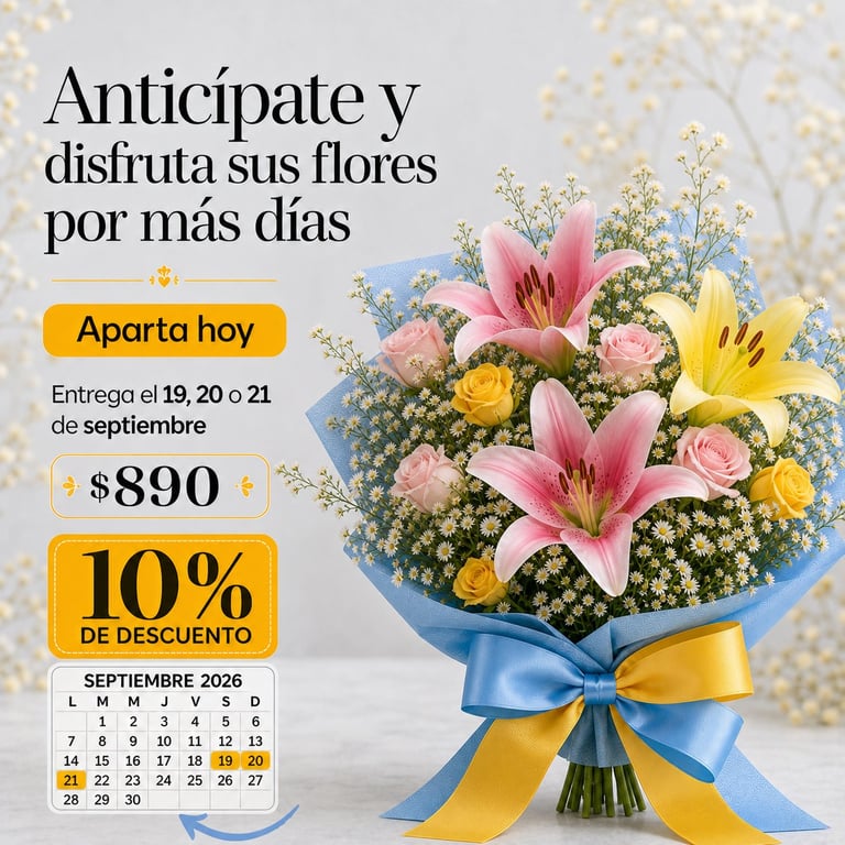 Bouquet Flores Amarillas con lirios rosados, rosas y paniculata, envuelto en papel azul