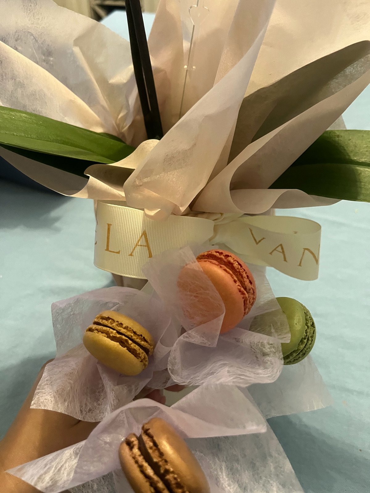 Elegant bouquet of colorful macarons wrapped in white tissue paper with green ribbon and cream-colored LA VAN label