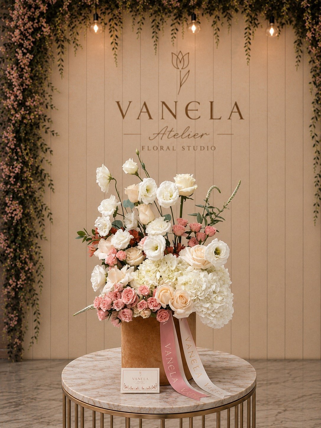 Elegant floral arrangement in brown vase with white and pink flowers on marble table in front of Vanela Atelier signage