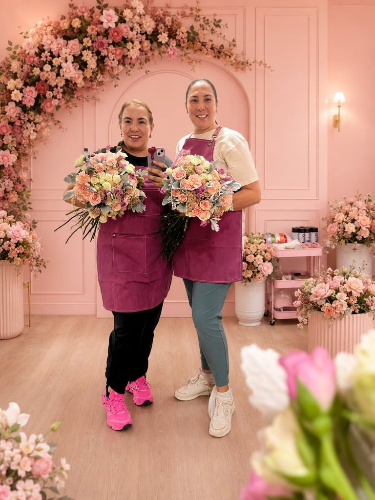 Marce y Sue, floristas de Vanela Atelier, con delantales burgundy sosteniendo bouquets coloridos en el studio