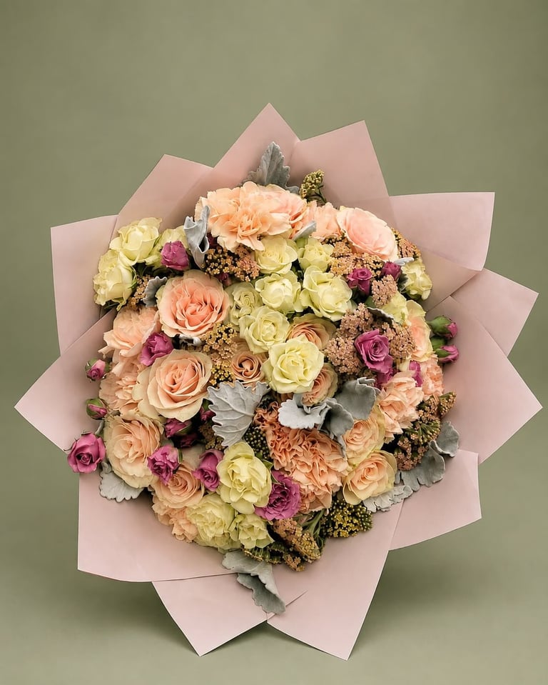 Luxurious mixed flower bouquet wrapped in layered pink paper featuring roses, carnations, and greenery against a sage green background