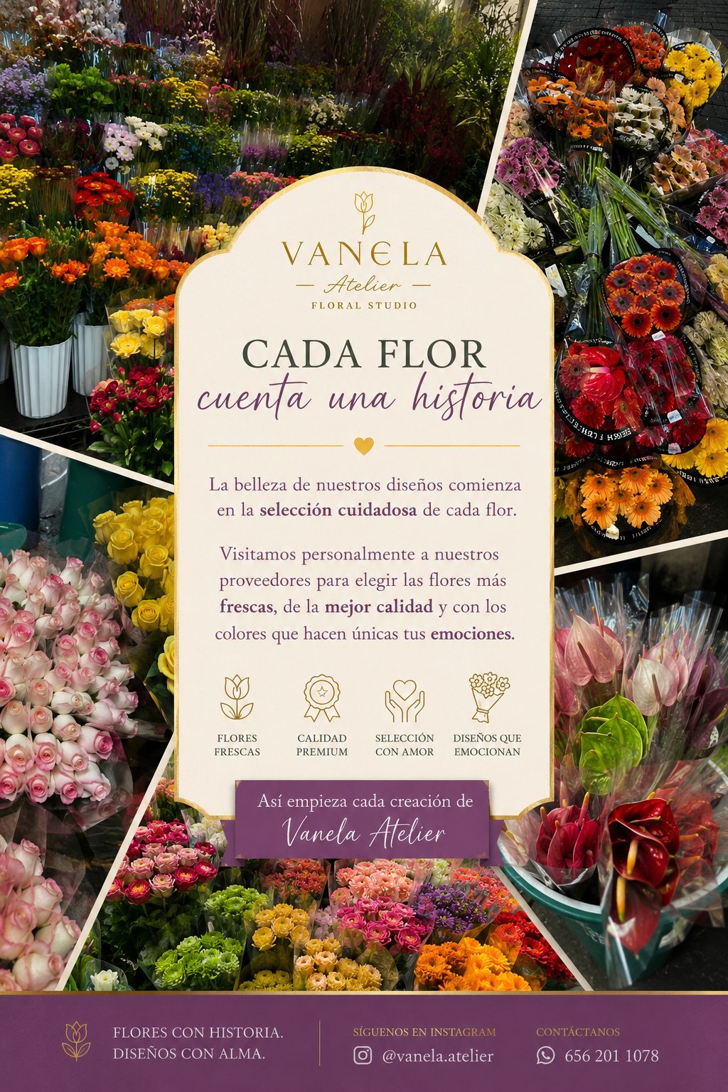 Vanela Atelier floral studio informational display with fresh colorful flowers in background and Spanish text describing flower selection and quality