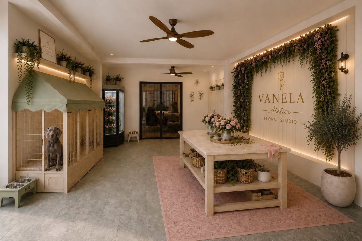Modern pet grooming salon interior with wooden reception desk, potted plants, warm lighting, and Vanela Atelier signage