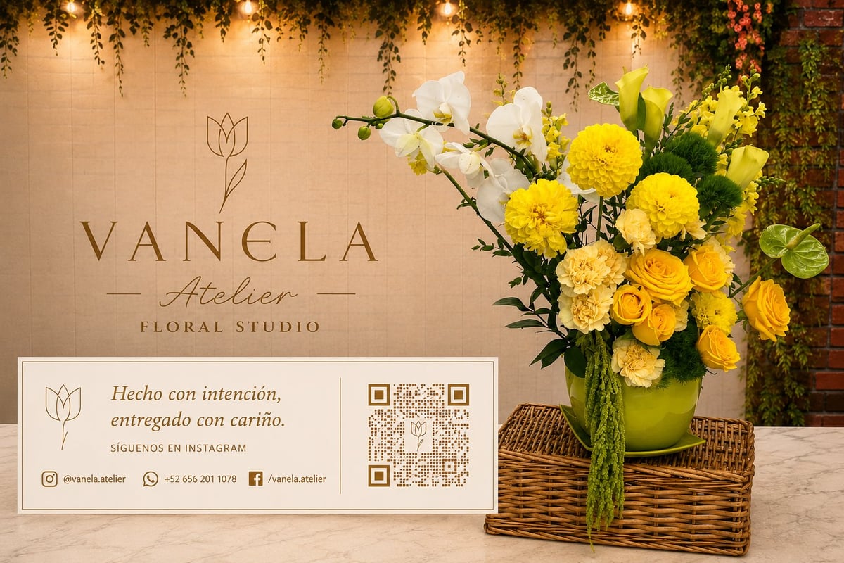 Vanela Atelier flower studio display with yellow roses arrangement in green vase on wicker basket with business card and beige wall background
