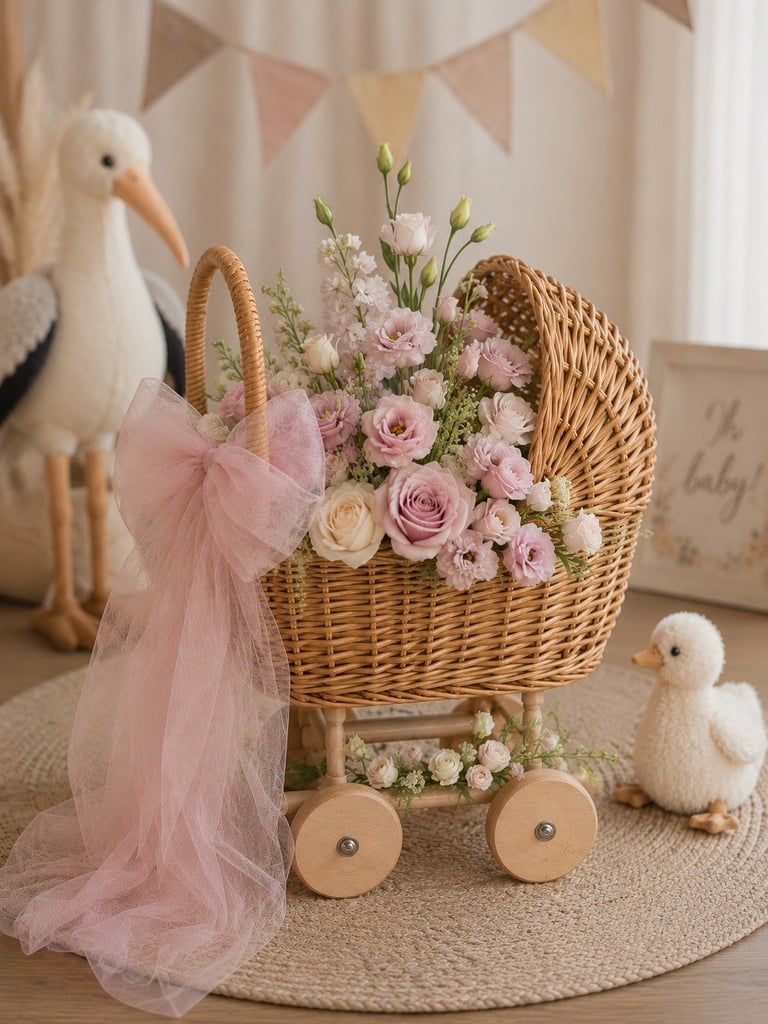 Decorative wicker flower cart with pink and white roses, adorned with pink tulle bow and wooden wheels, surrounded by ceramic bird figurines