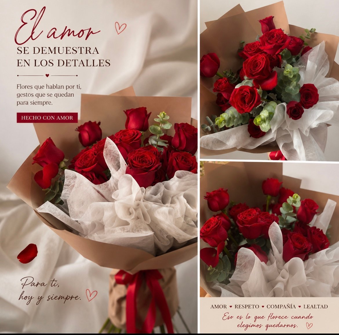 Luxury red rose bouquet collection in kraft paper wrapping with white tissue and red ribbon, shown from multiple angles