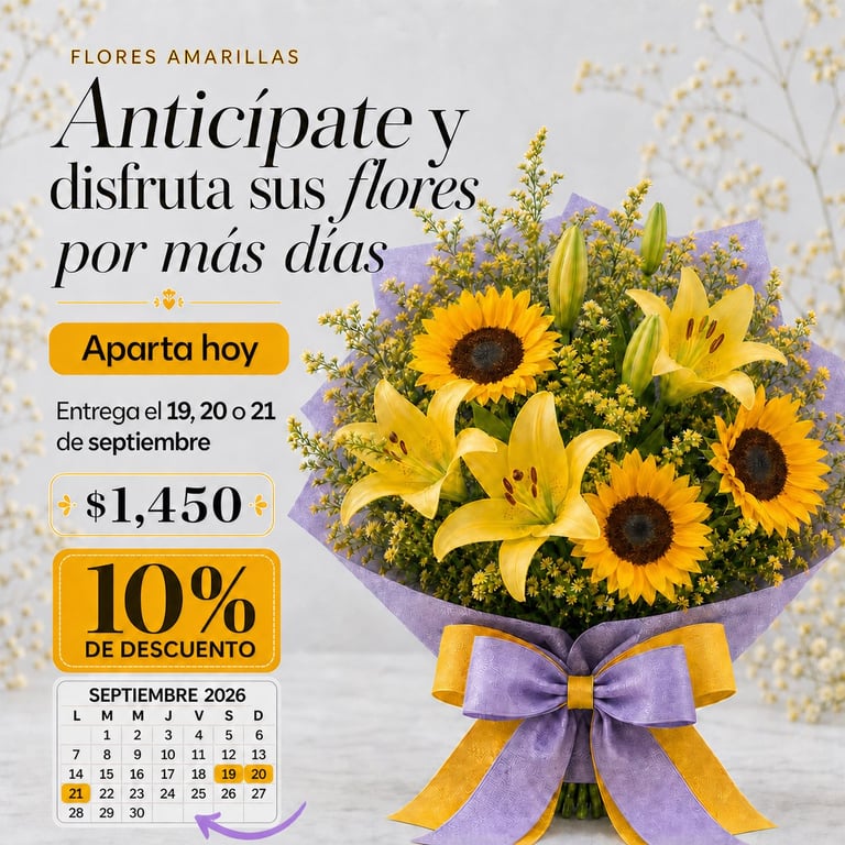 Bouquet Flores Amarillas XL con girasoles y lirios, envuelto en papel lila con moño dorado