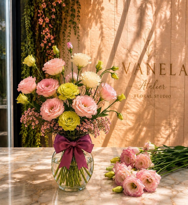 Arreglo elegante con rosas rosa y amarillo en florero de cristal con moño burgundy, exhibido en el estudio floral Vanela Atelier