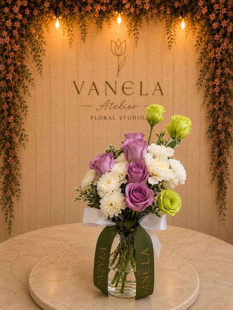 Arreglo floral con rosas lilas, claveles blancos y verdes frescos en jarrón, ideal como detalle dulce