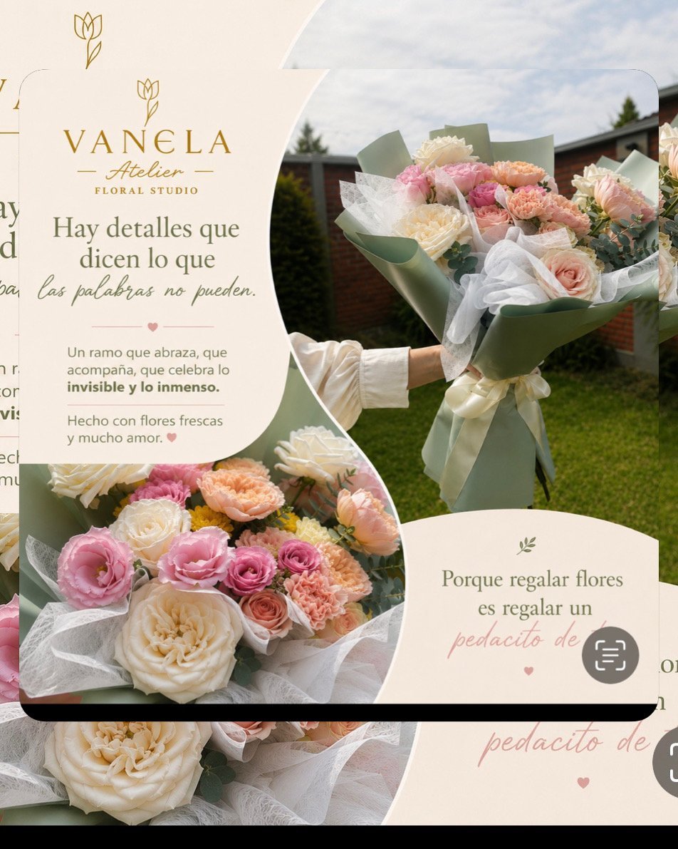 Vanela Atelier floral design website showcasing elegant bouquets of pink, peach, and white roses with green stems and white wrapping in an outdoor garden setting