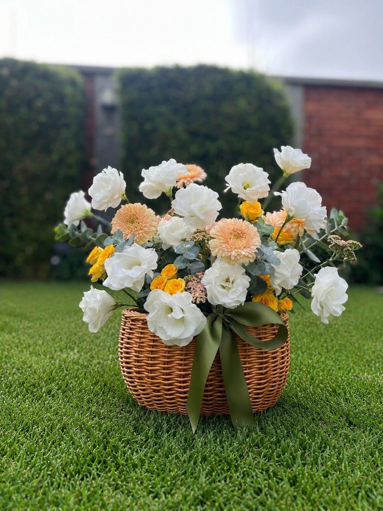 Canasta de mimbre con rosas blancas y crema, dalias durazno y flores amarillas atada con listón verde sobre pasto