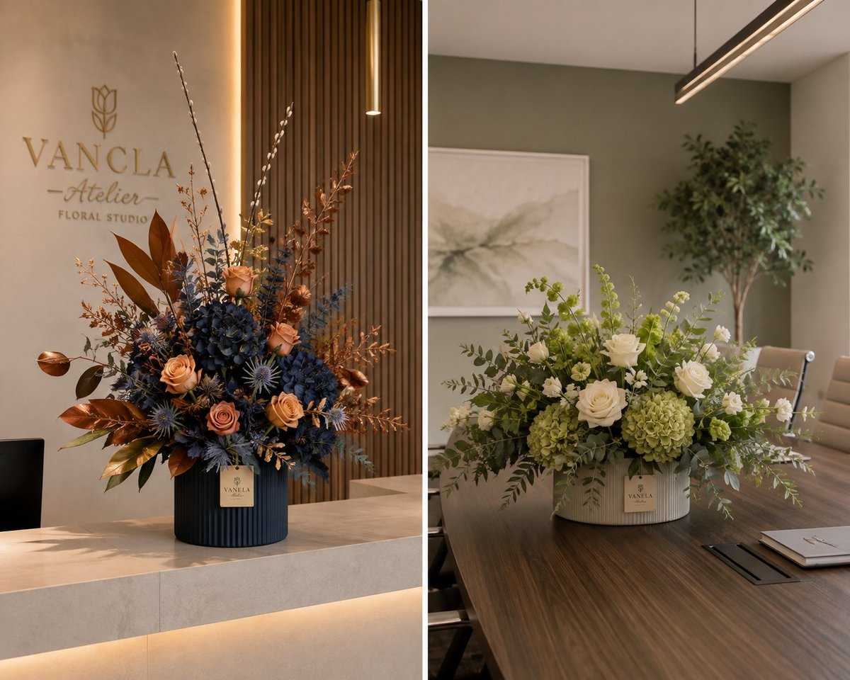 Two floral arrangements by Vanela Atelier: left shows dark blue and peachy roses in a black vase; right features white and cream flowers with greenery in a white vase