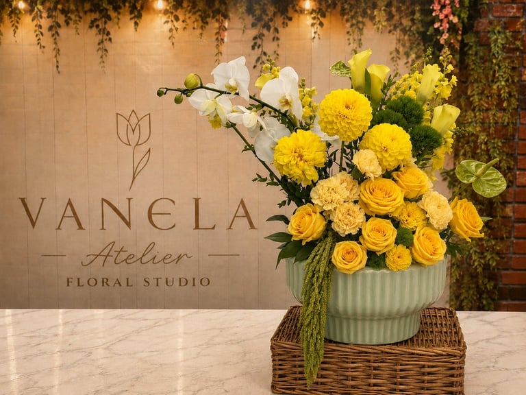 Flower arrangement with yellow roses and white orchids in a green vase displayed at Vanela Atelier floral studio storefront