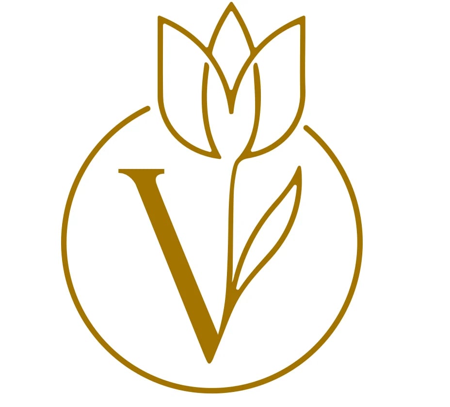 Gold outline logo featuring the letter V inside a circle with a tulip flower above