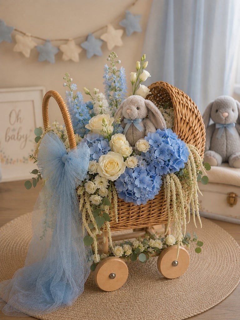 Carrito decorativo de mimbre con flores azules y blancas, moño de tul y ruedas de madera, ideal para baby shower y eventos especiales