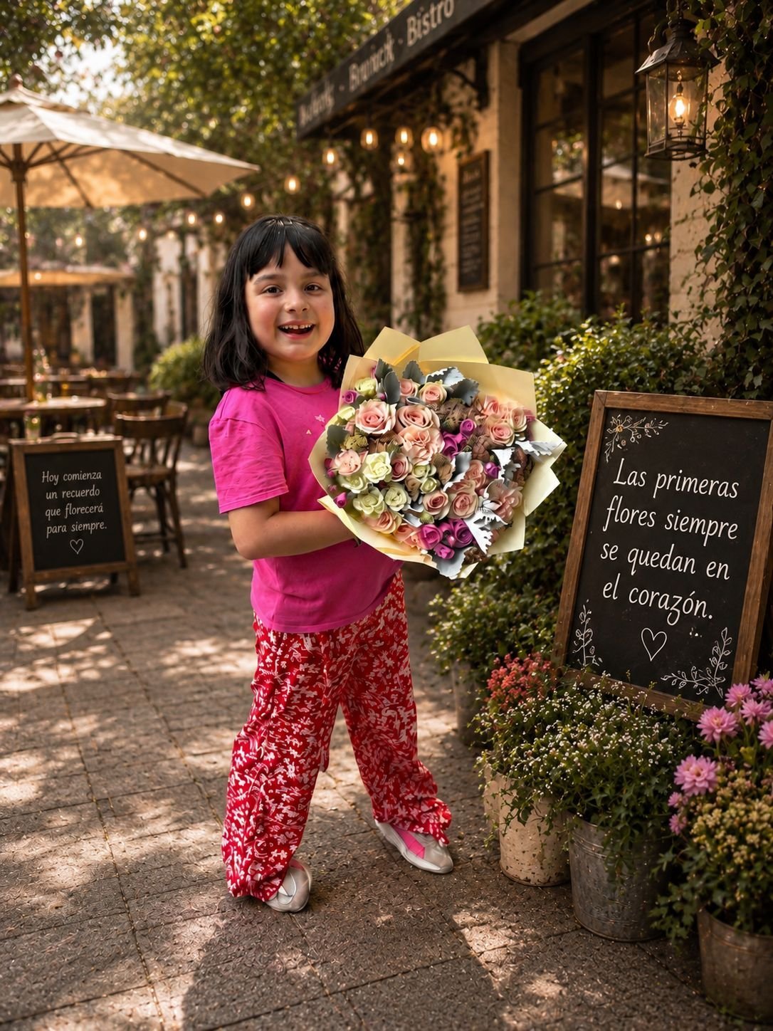 Young girl in pink shirt holding a colorful bouquet of flowers outside a charming Spanish bistro with ivy-covered walls and chalkboard signs.