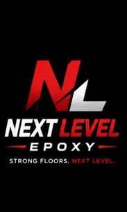 Next Level Epoxy logo featuring red NL letters with white accent and tagline Strong Floors, Next Level on black background