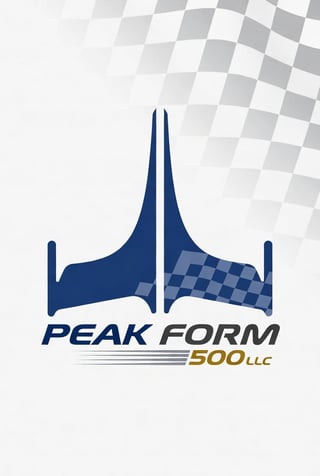 Peak Form 500 LLC logo featuring a stylized blue racing silhouette with checkered flag pattern
