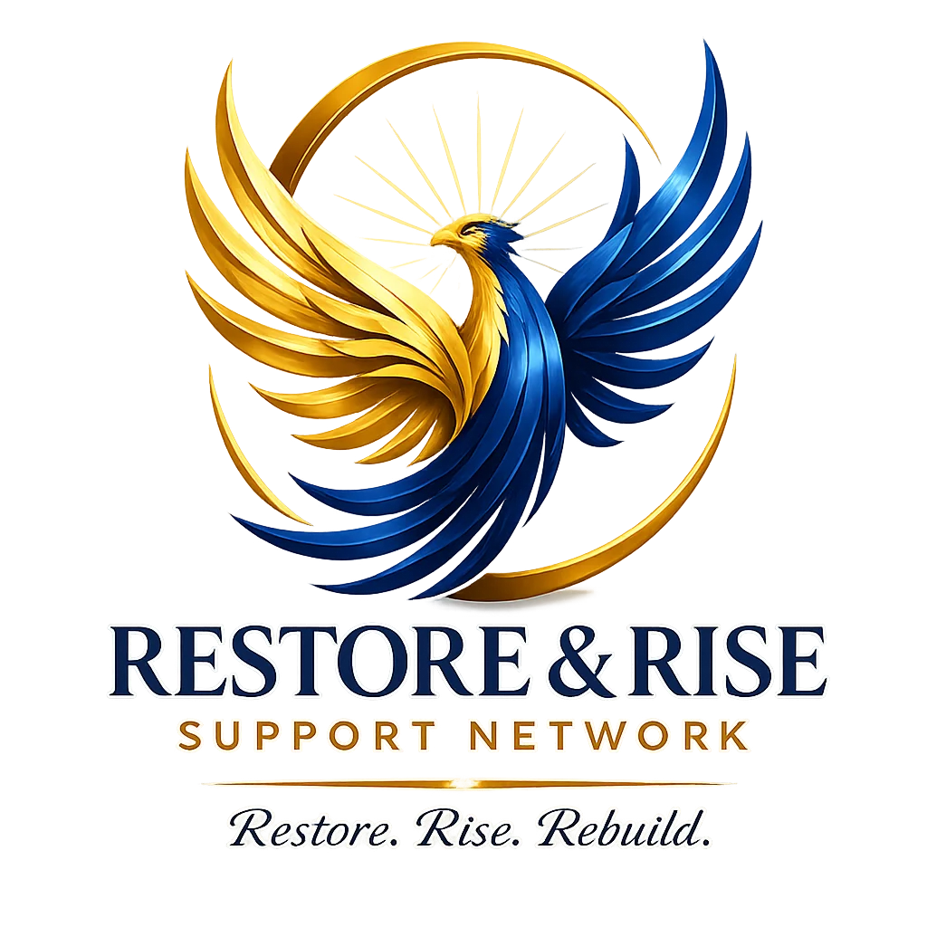 Logo for Restore and Rise Support Network featuring a gold and blue phoenix with tagline Restore. Rise. Rebuild.
