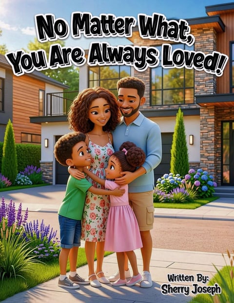 Illustrated diverse family of four hugging in front of modern home with landscaped garden and text No Matter What, You Are Always Loved