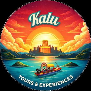 Kalu Tours and Experiences logo featuring a vibrant sunset over water with a colorful boat and ancient temple silhouette