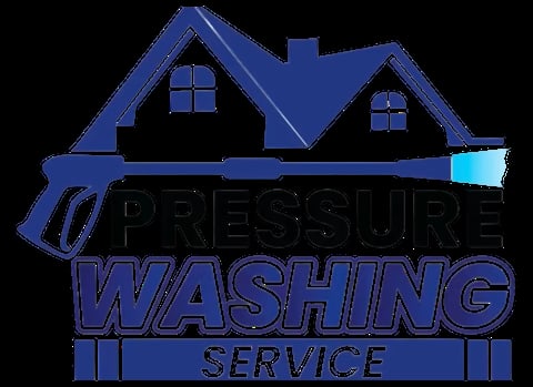 Pressure Washing Service logo with blue house roof and pressure washer nozzle