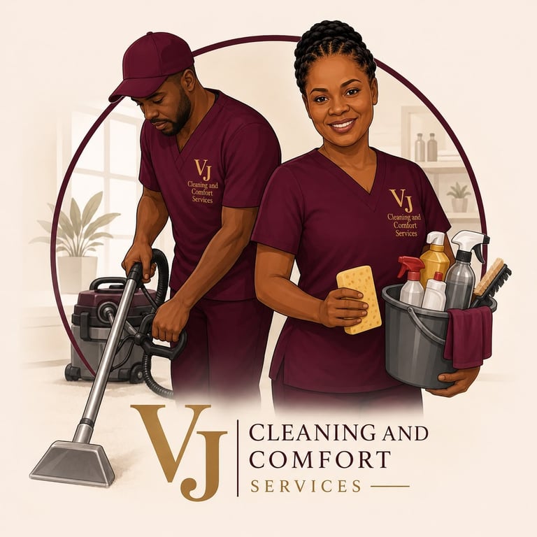 Two cleaning service workers in maroon uniforms with VJ branding, one with carpet cleaning equipment and one with cleaning supplies