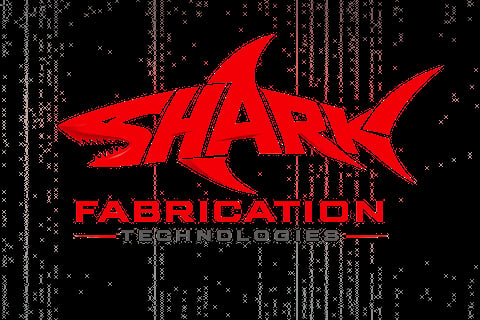 Red shark logo with Fabrication Technologies text on black pixelated background
