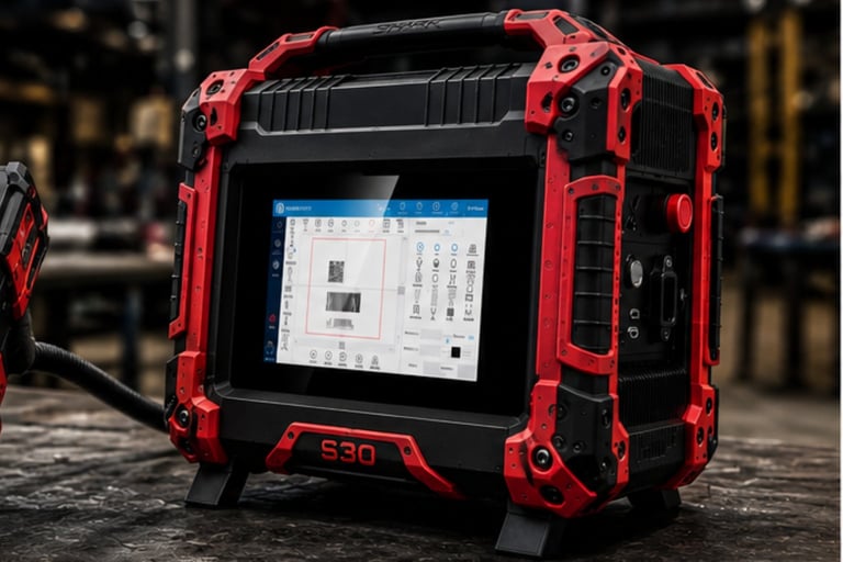 Red rugged tablet displaying a software interface, designed for industrial or field work applications