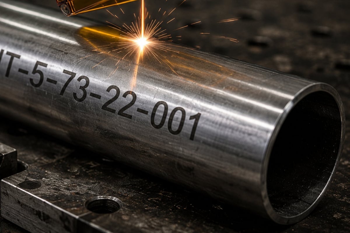 Industrial laser cutting a metal pipe with identification number etched on its surface, sparks flying from the cutting point