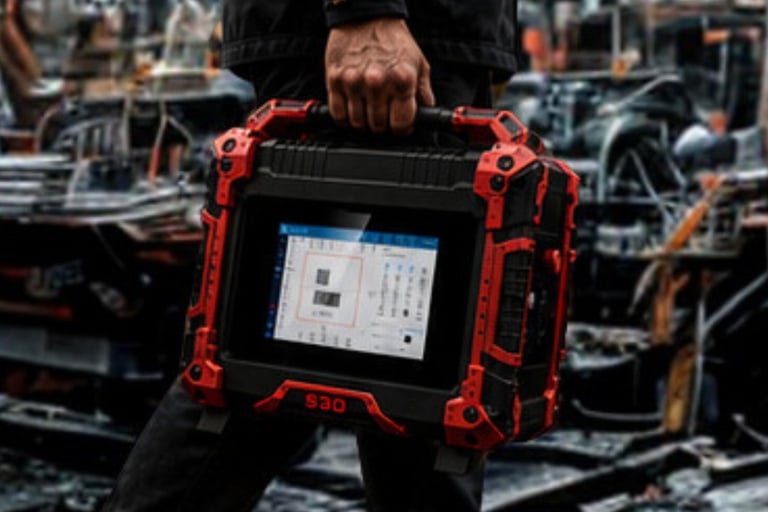 Person holding a rugged red and black tablet device in an industrial workshop setting with machinery in the background