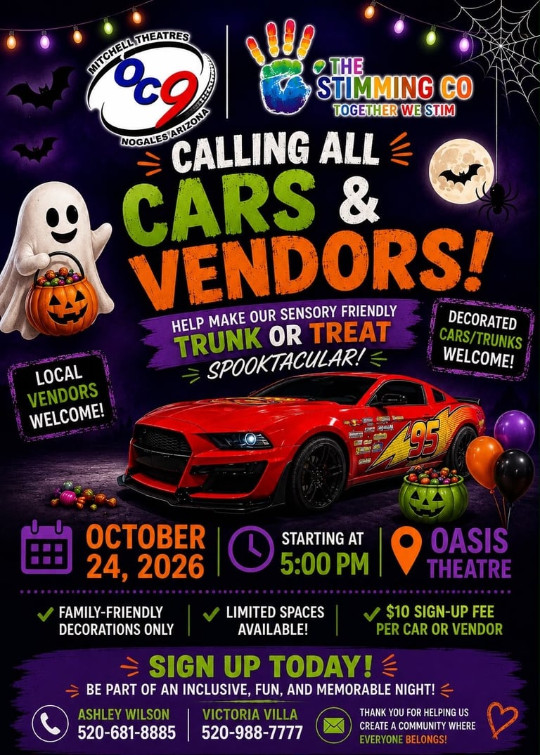 Halloween-themed promotional poster for a sensory-friendly trick-or-treat car and vendor event on October 24, 2026 at Oasis Theatre, featuring a decorated red car, ghost, jack-o-lantern, and colorful festive decorations.