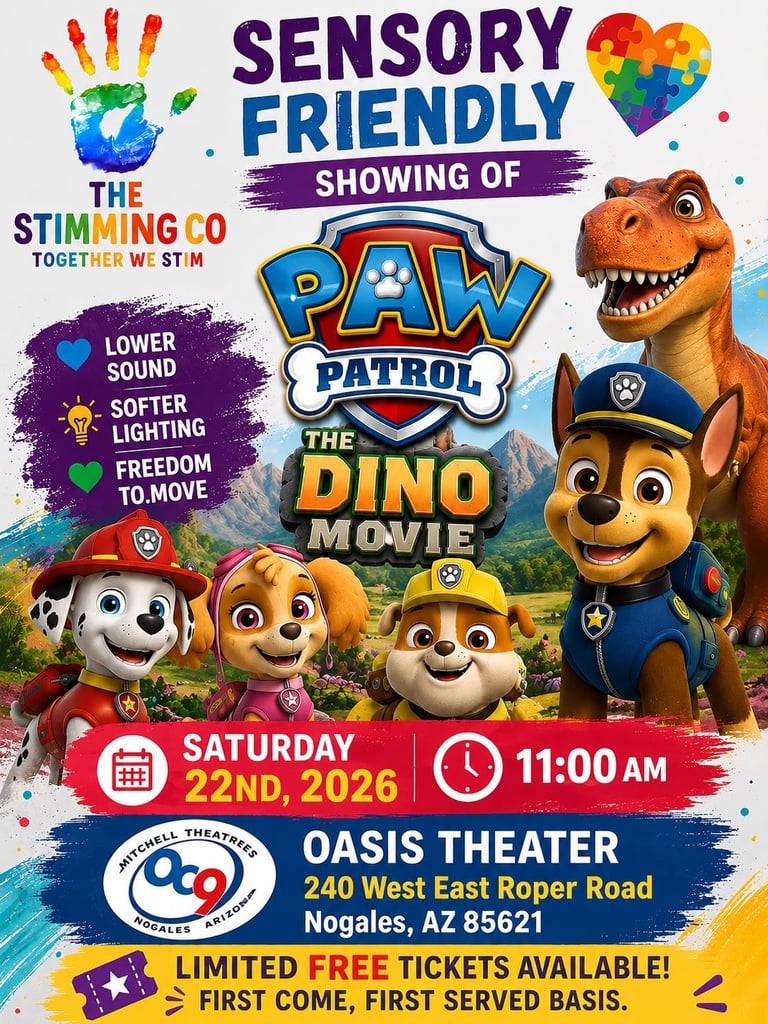 Sensory-friendly PAW Patrol Dino Movie showing poster featuring colorful pups and dinosaur, event details for Saturday 22nd 2026 at 11am, Oasis Theater Nogales Arizona.