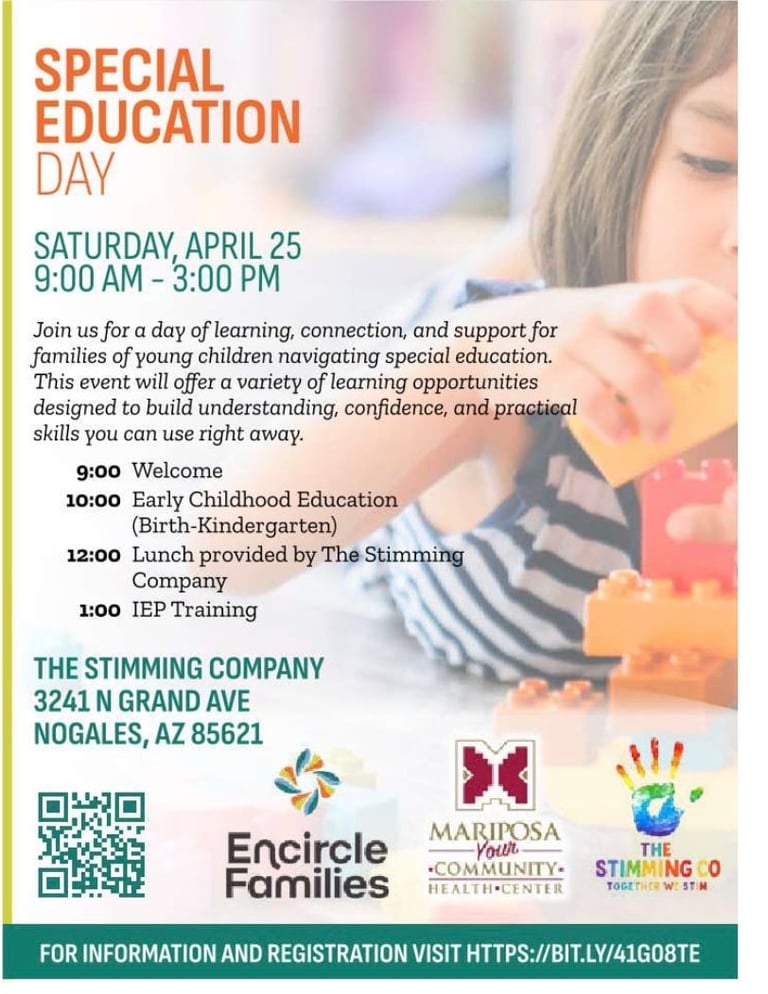 Flyer for Special Education Day event on Saturday, April 25, 9am-3pm at The Stimming Company in Nogales, Arizona, featuring learning and support activities for families.