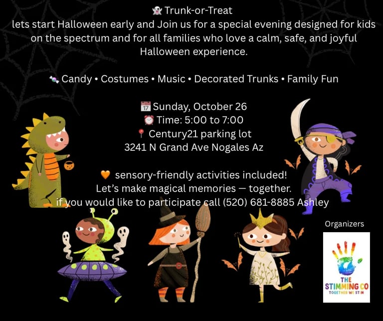 Trunk-or-Treat Halloween event flyer for kids on October 26 from 5-7 PM at Century21 parking lot, featuring candy, costumes, and sensory-friendly activities.