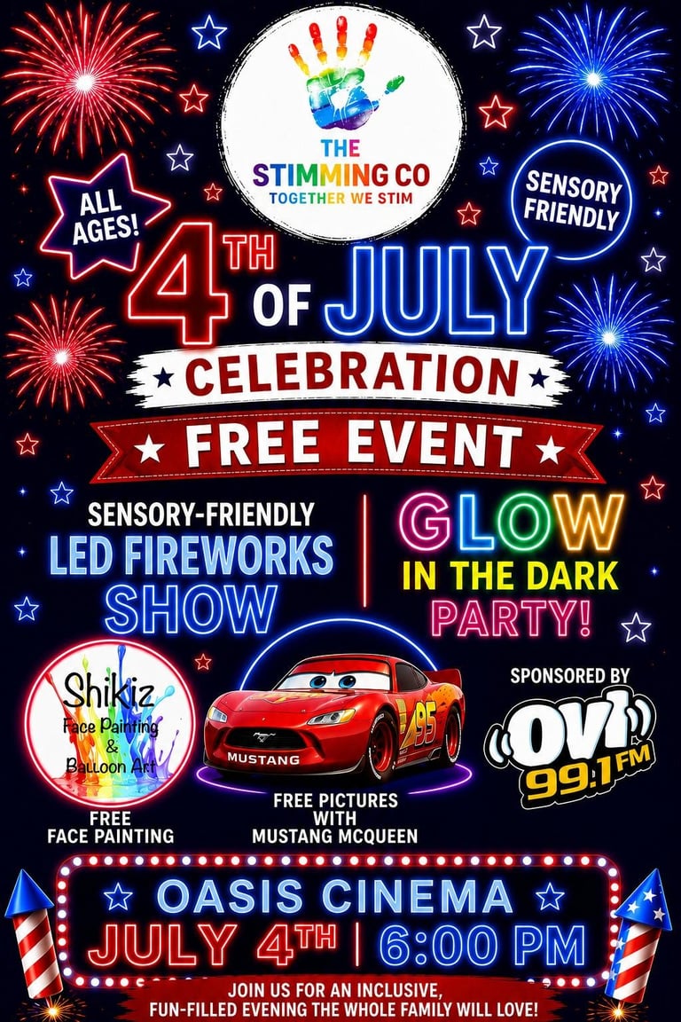 Colorful 4th of July celebration poster featuring fireworks, neon glow party, face painting, and Mustang McQueen pictures at Oasis Cinema on July 4th at 6 PM