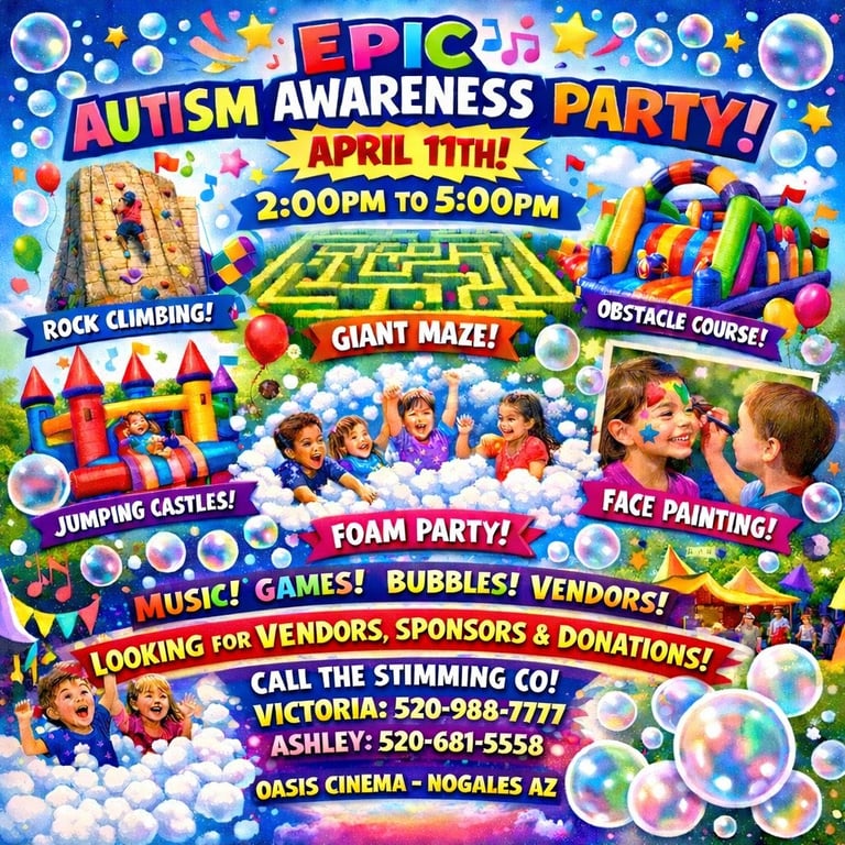 Colorful poster for Epic Autism Awareness Party on April 11th, 2-5pm featuring activities like rock climbing, maze, obstacle course, jumping castles, foam party, face painting, and games