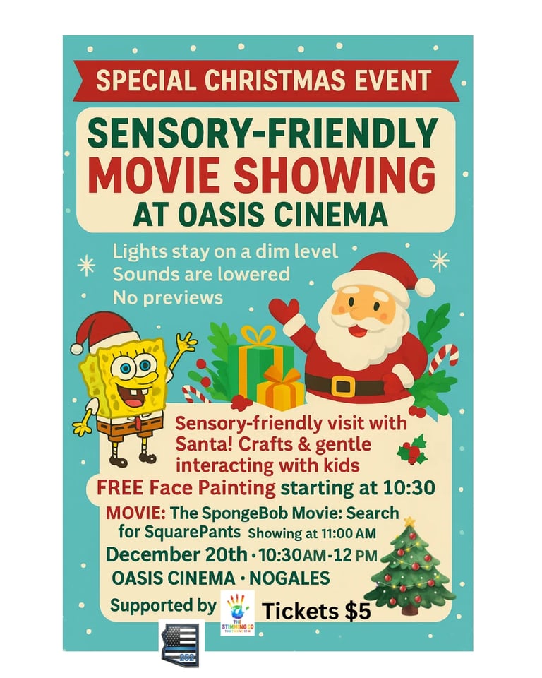 Flyer for sensory-friendly SpongeBob movie showing with Santa at Oasis Cinema on December 20th, featuring free face painting and crafts