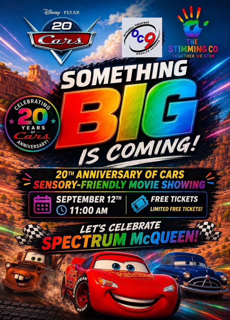 Colorful promotional poster for Disney-Pixar Cars 20th Anniversary sensory-friendly movie showing September 12th with free tickets. Features Lightning McQueen character.