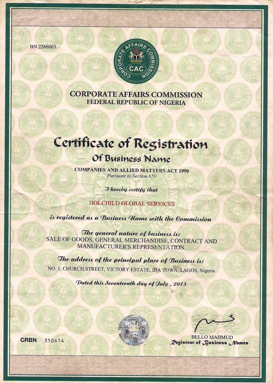 Corporate Affairs Commission Certificate of Registration for Holchild Global Services, a Nigerian business registered to sell goods and merchandise, dated June 17 2013