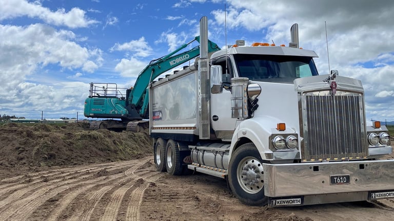 Aussie Soils excavator and dump truck fleet for civil earthworks projects in Ballarat VIC
