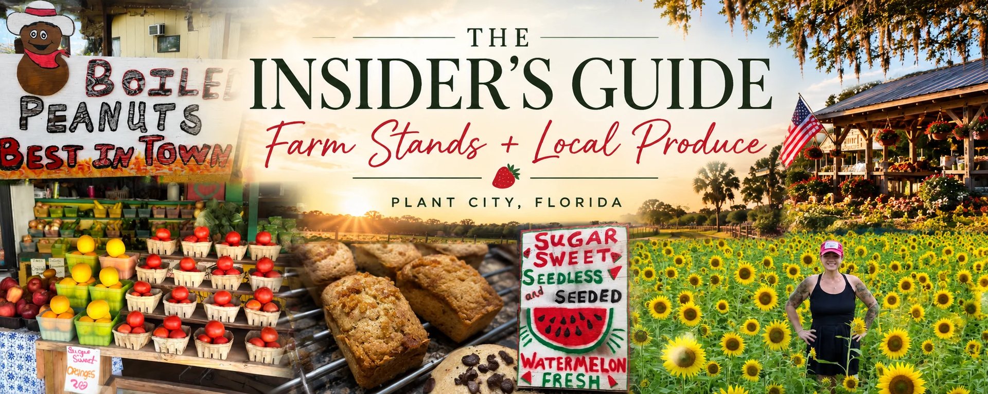 The Insider's Guide to Farm Stands and Local Produce in Plant City, Florida featuring farmers market scenes with peanuts, vegetables, and sunflowers