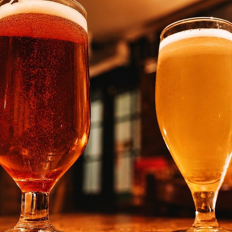 Two glasses of craft beer side by side on a bar counter, one dark amber and one light golden with white foam heads