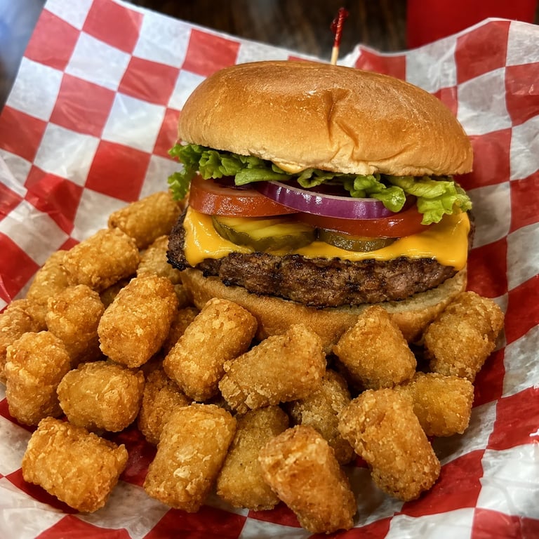 Cheeseburger with lettuce, tomato, and pickles served with golden fried tater tots on red and white checkered paper